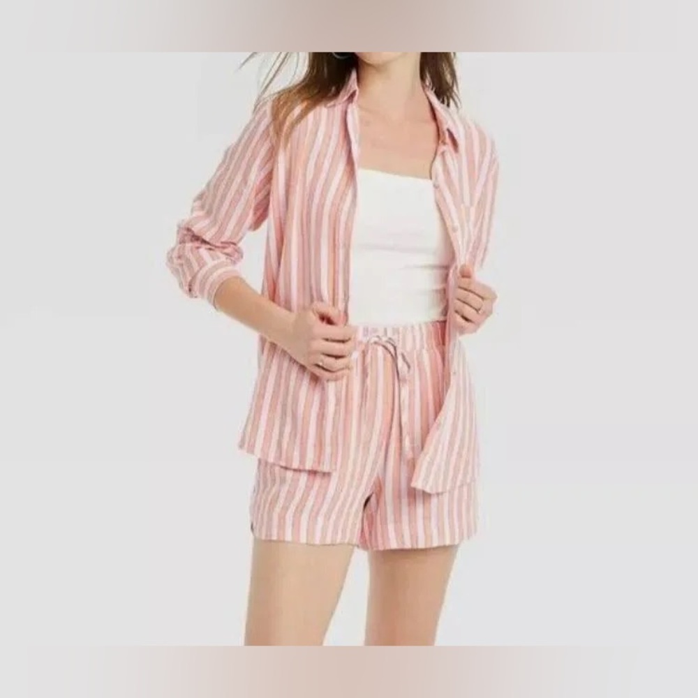Universal Threads Linen Blend Pink/Orange Relaxed Fit Button Down Shirt Medium